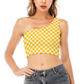 Honey Yellow And White Gingham Print One Shoulder Crop Top