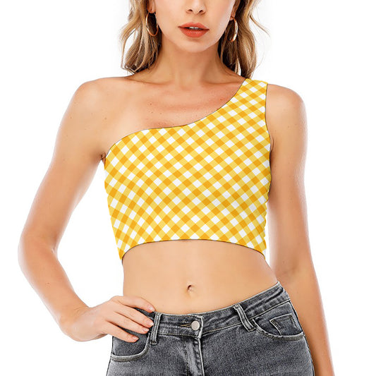 Honey Yellow And White Gingham Print One Shoulder Crop Top