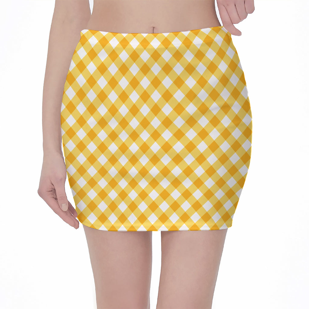 Honey Yellow And White Gingham Print Pencil Mini Skirt