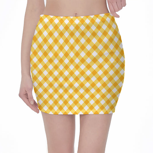 Honey Yellow And White Gingham Print Pencil Mini Skirt