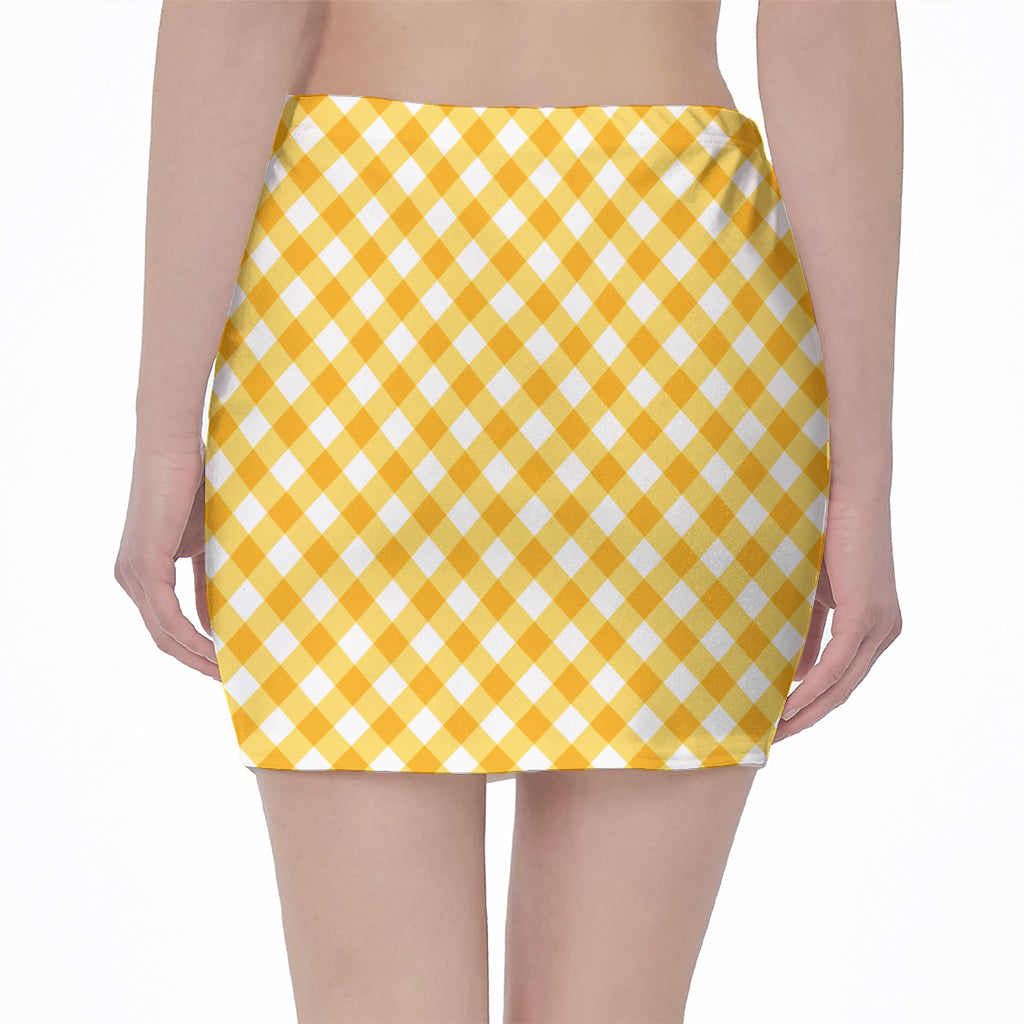 Honey Yellow And White Gingham Print Pencil Mini Skirt