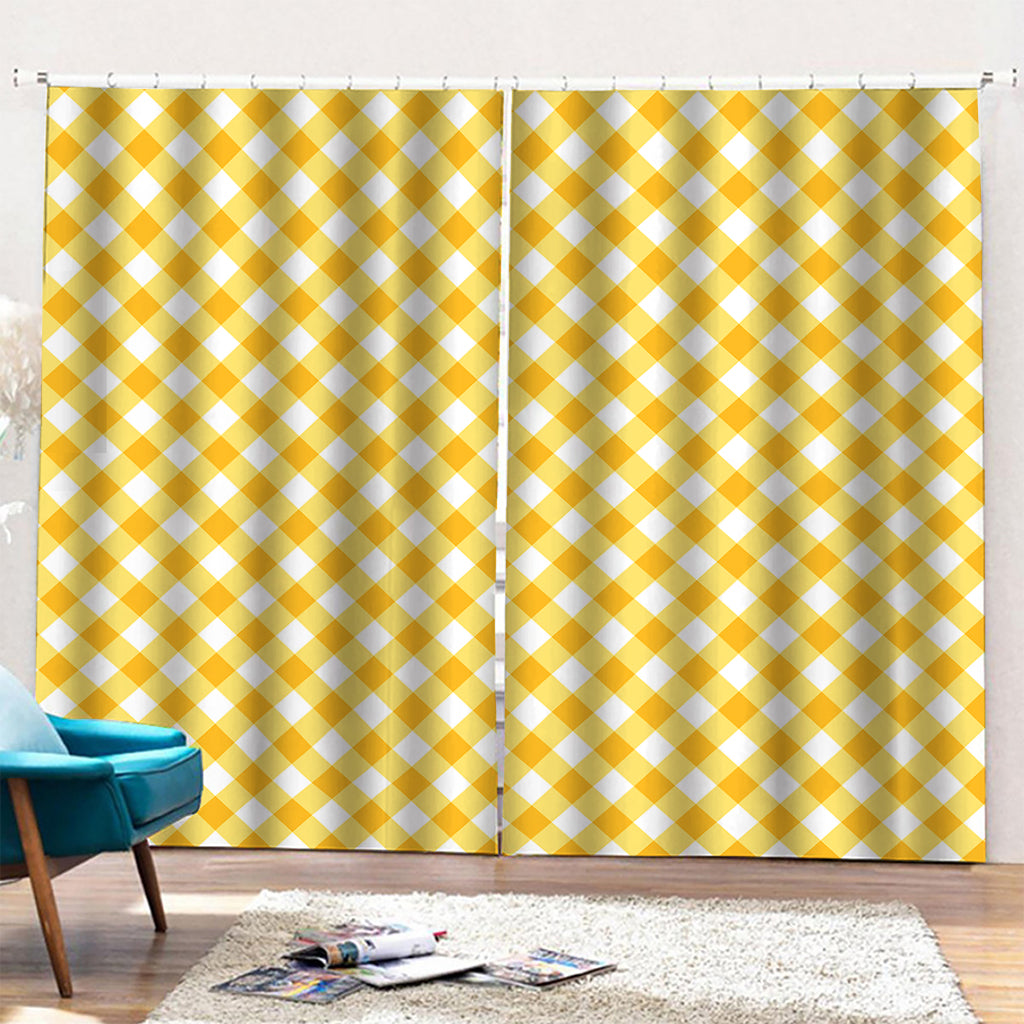 Honey Yellow And White Gingham Print Pencil Pleat Curtains