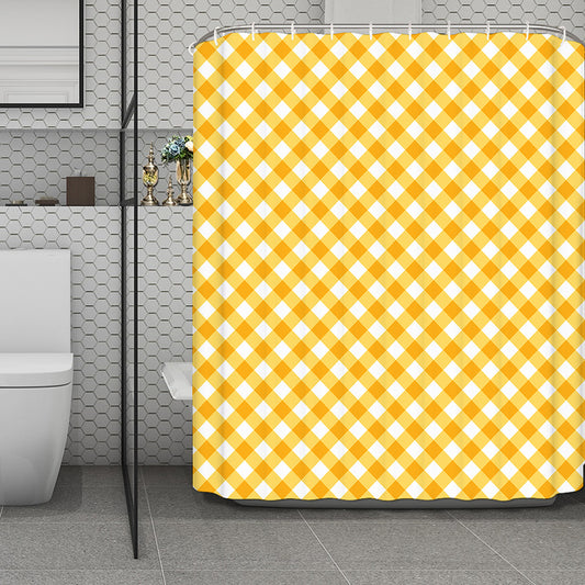 Honey Yellow And White Gingham Print Polyester Shower Curtain