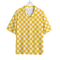 Honey Yellow And White Gingham Print Rayon Hawaiian Shirt