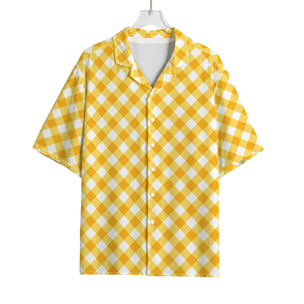Honey Yellow And White Gingham Print Rayon Hawaiian Shirt