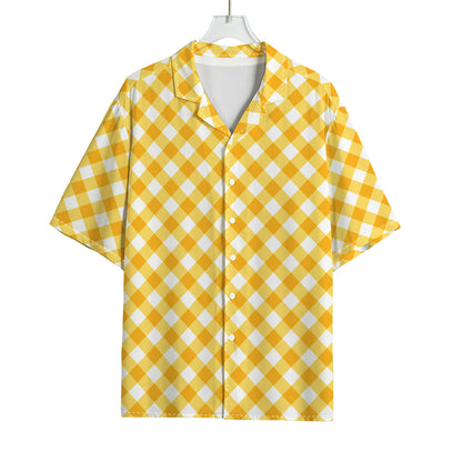 Honey Yellow And White Gingham Print Rayon Hawaiian Shirt