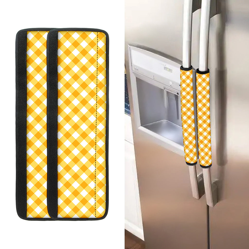 Honey Yellow And White Gingham Print Refrigerator Handle Covers