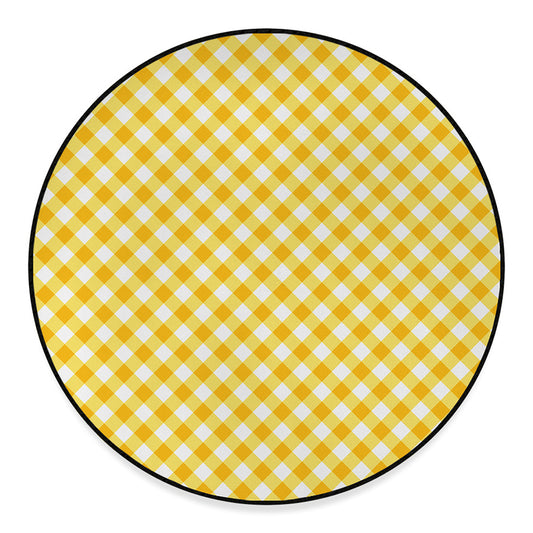 Honey Yellow And White Gingham Print Round Floor Mat