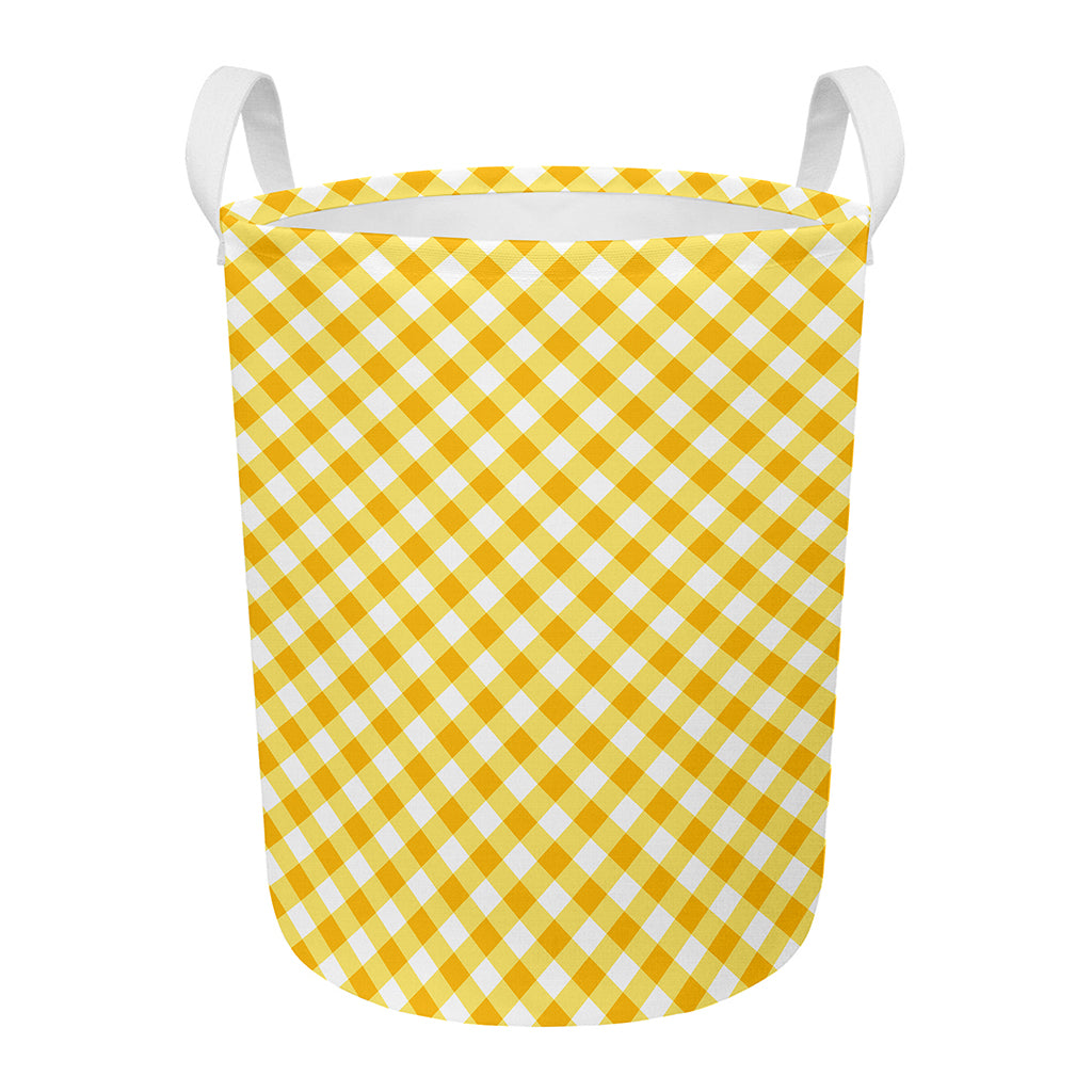 Honey Yellow And White Gingham Print Round Laundry Basket