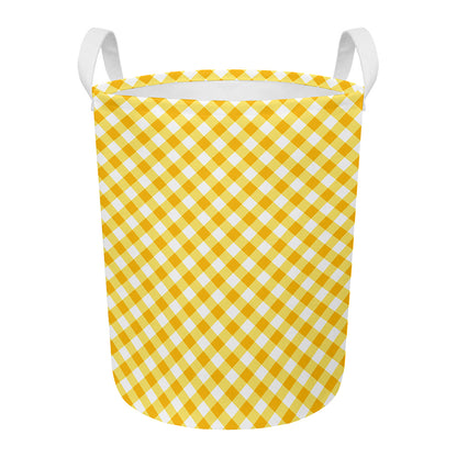 Honey Yellow And White Gingham Print Round Laundry Basket