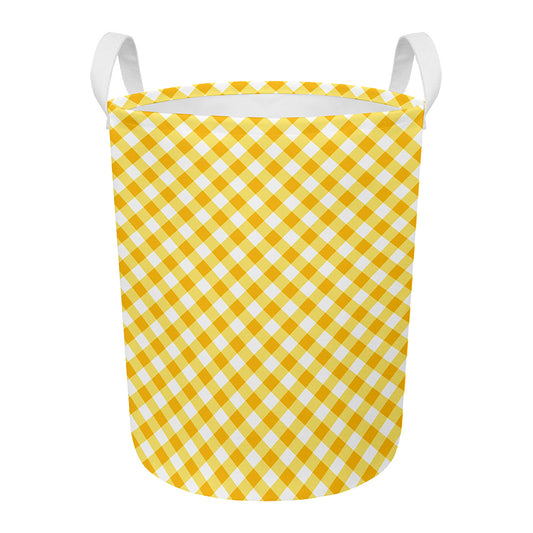 Honey Yellow And White Gingham Print Round Laundry Basket