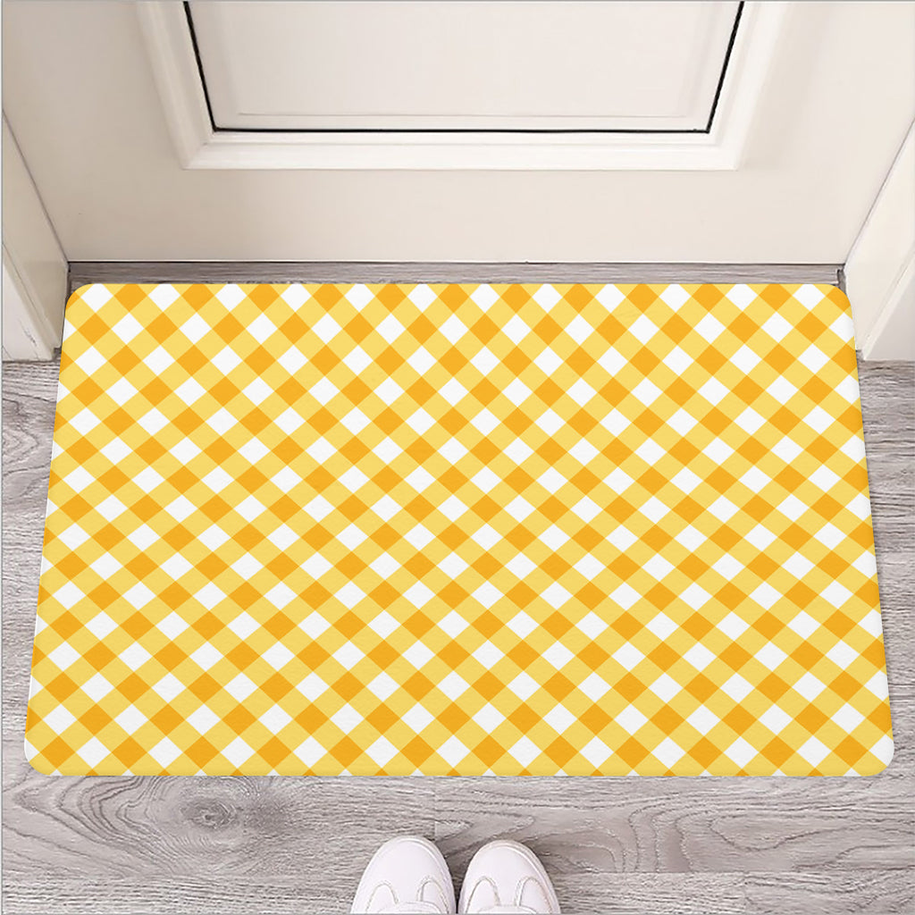 Honey Yellow And White Gingham Print Rubber Doormat