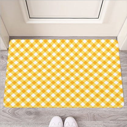 Honey Yellow And White Gingham Print Rubber Doormat