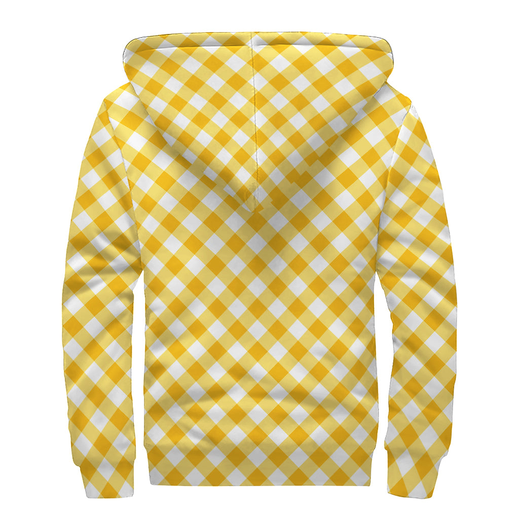 Honey Yellow And White Gingham Print Sherpa Lined Zip Up Hoodie