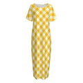 Honey Yellow And White Gingham Print Short Sleeve Long Nightdress