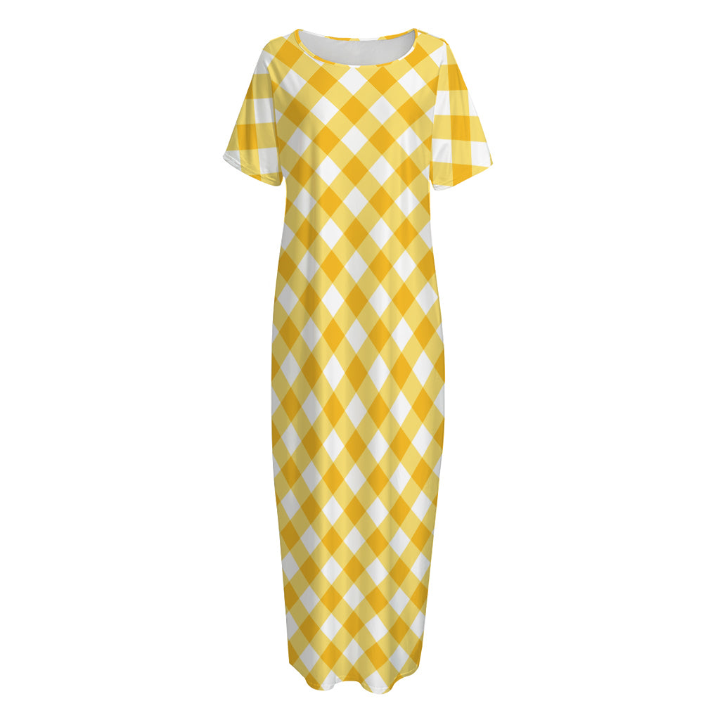 Honey Yellow And White Gingham Print Short Sleeve Long Nightdress