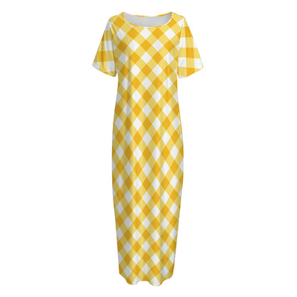 Honey Yellow And White Gingham Print Short Sleeve Long Nightdress