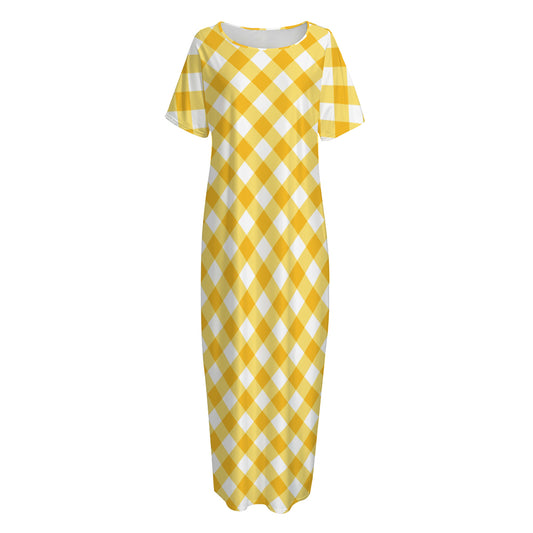 Honey Yellow And White Gingham Print Short Sleeve Long Nightdress