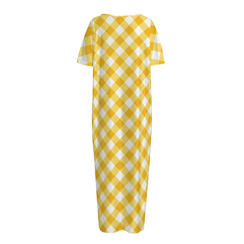 Honey Yellow And White Gingham Print Short Sleeve Long Nightdress