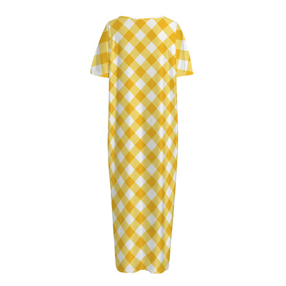 Honey Yellow And White Gingham Print Short Sleeve Long Nightdress