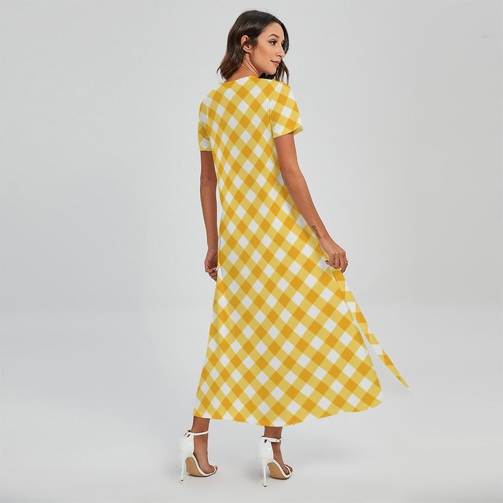 Honey Yellow And White Gingham Print Short Sleeve Maxi Dress