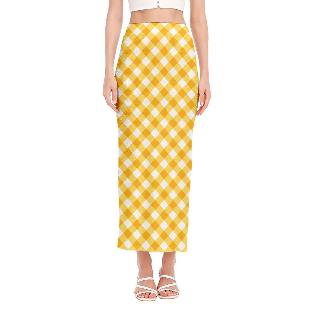 Honey Yellow And White Gingham Print Side Slit Maxi Skirt