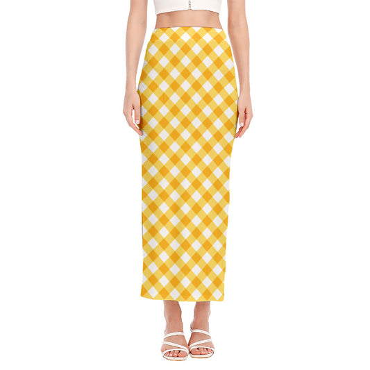 Honey Yellow And White Gingham Print Side Slit Maxi Skirt