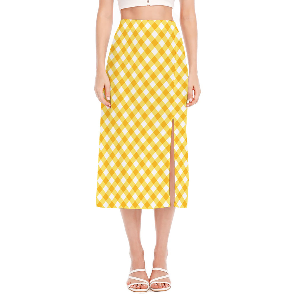Honey Yellow And White Gingham Print Side Slit Midi Skirt