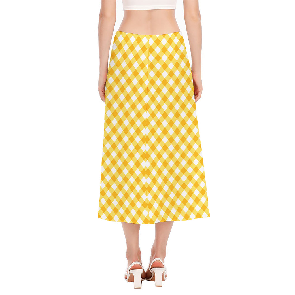 Honey Yellow And White Gingham Print Side Slit Midi Skirt