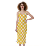 Honey Yellow And White Gingham Print Slim Fit Midi Cami Dress