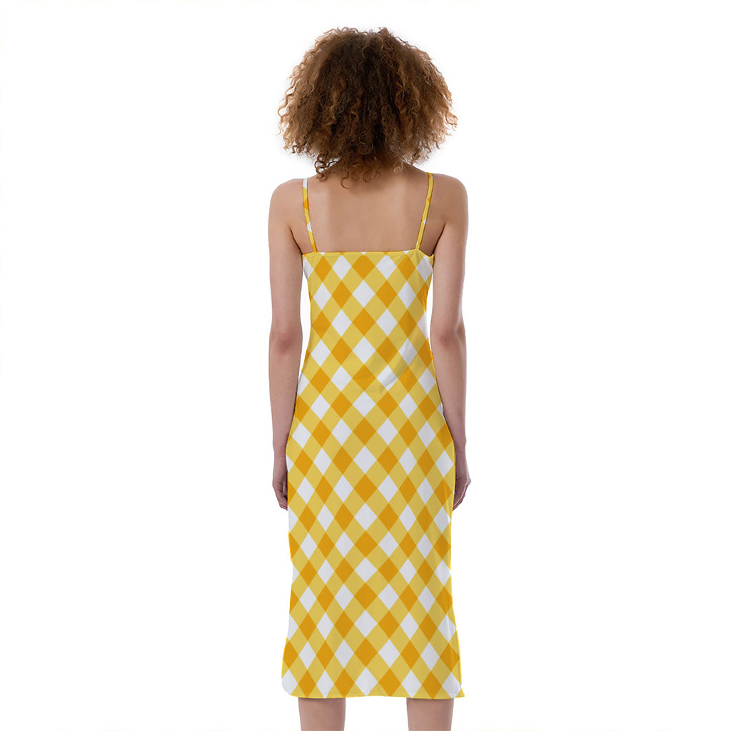 Honey Yellow And White Gingham Print Slim Fit Midi Cami Dress