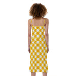 Honey Yellow And White Gingham Print Slim Fit Midi Cami Dress