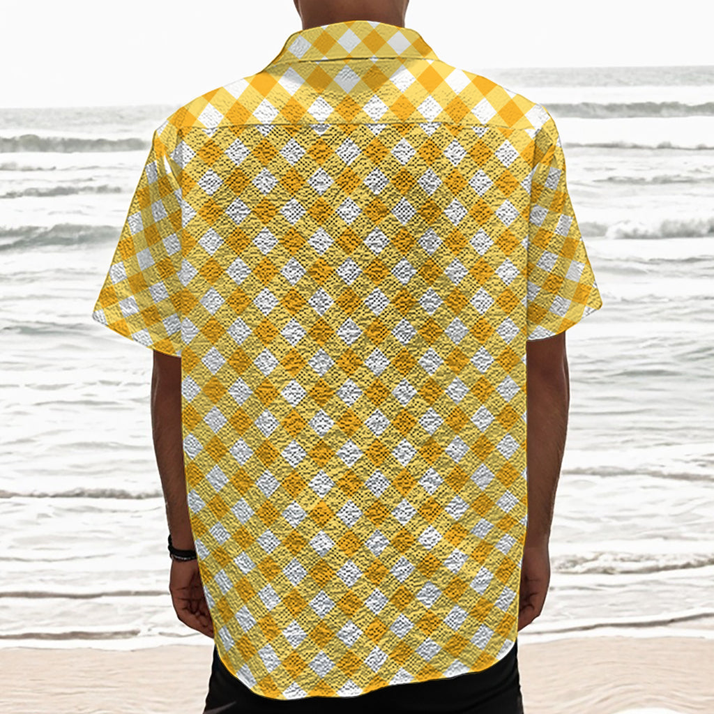 Honey Yellow And White Gingham Print Textured Short Sleeve Shirt