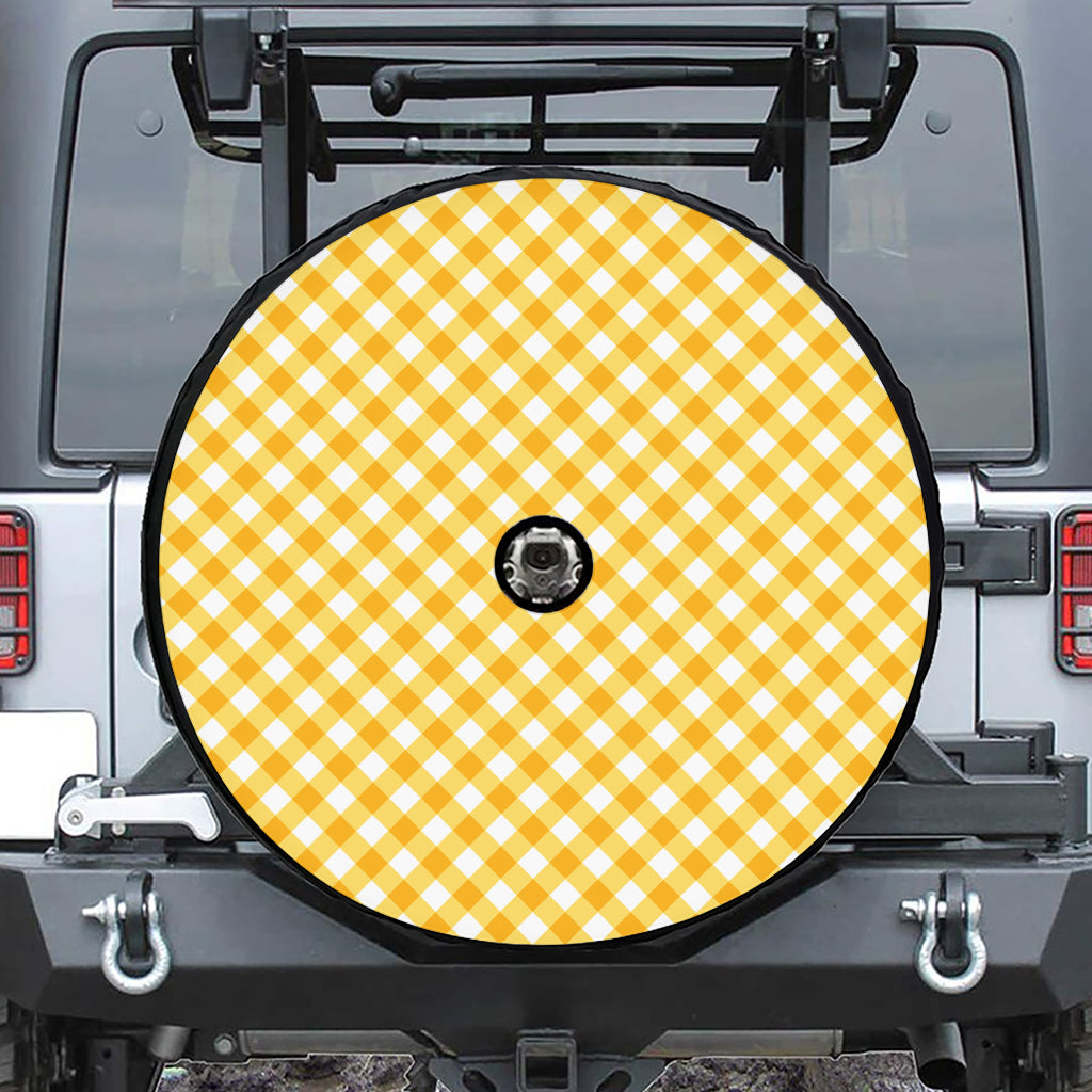 Honey Yellow And White Gingham Print Tire Cover With Camera Hole