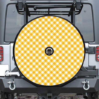 Honey Yellow And White Gingham Print Tire Cover With Camera Hole