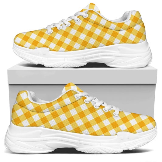 Honey Yellow And White Gingham Print White Chunky Shoes