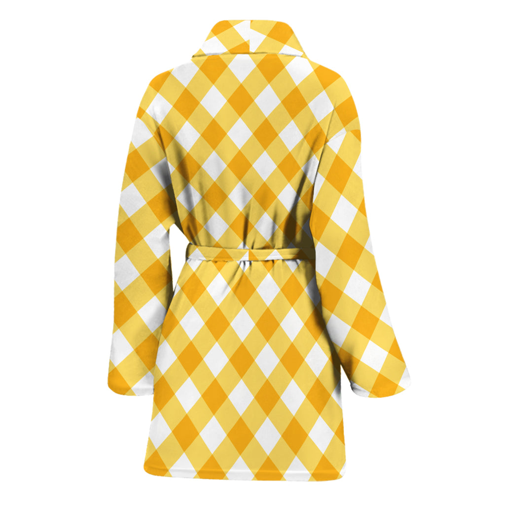 Honey Yellow And White Gingham Print Women's Bathrobe