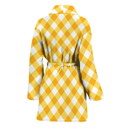 Honey Yellow And White Gingham Print Women's Bathrobe