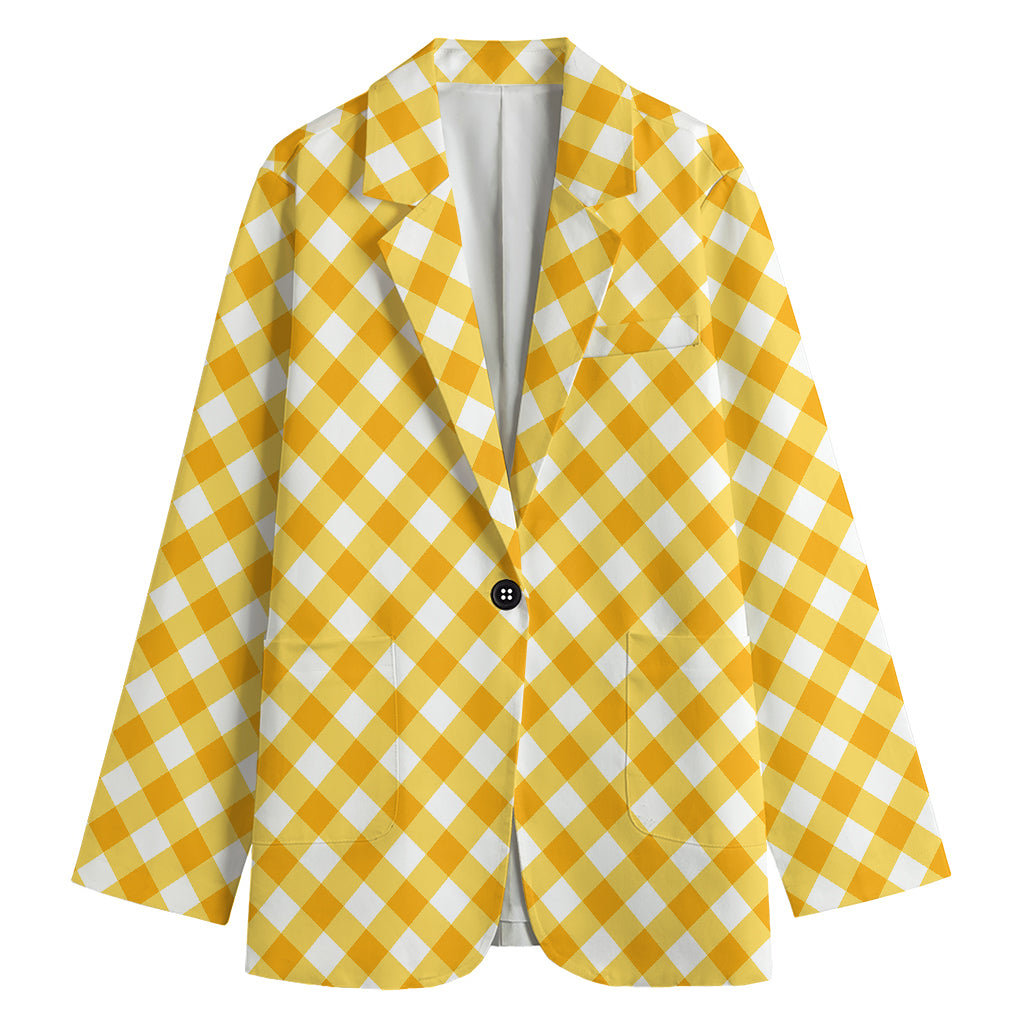 Honey Yellow And White Gingham Print Women's Blazer