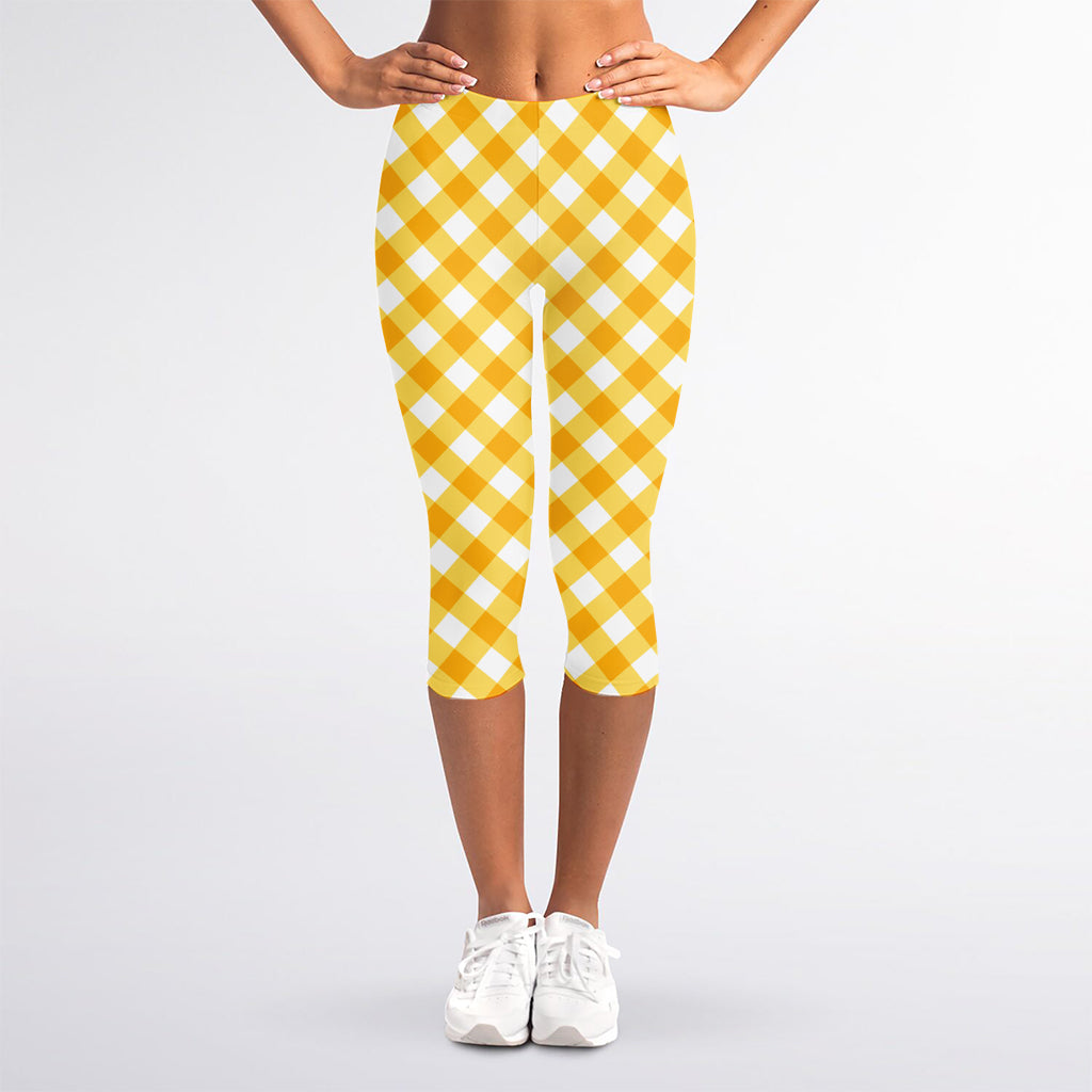 Honey Yellow And White Gingham Print Women's Capri Leggings