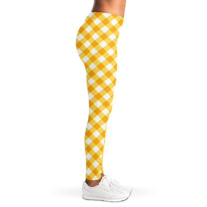 Honey Yellow And White Gingham Print Women's Leggings