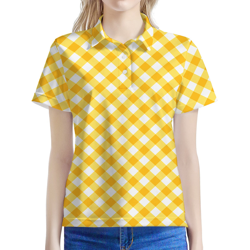 Honey Yellow And White Gingham Print Women's Polo Shirt