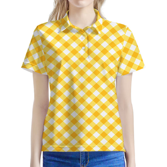 Honey Yellow And White Gingham Print Women's Polo Shirt