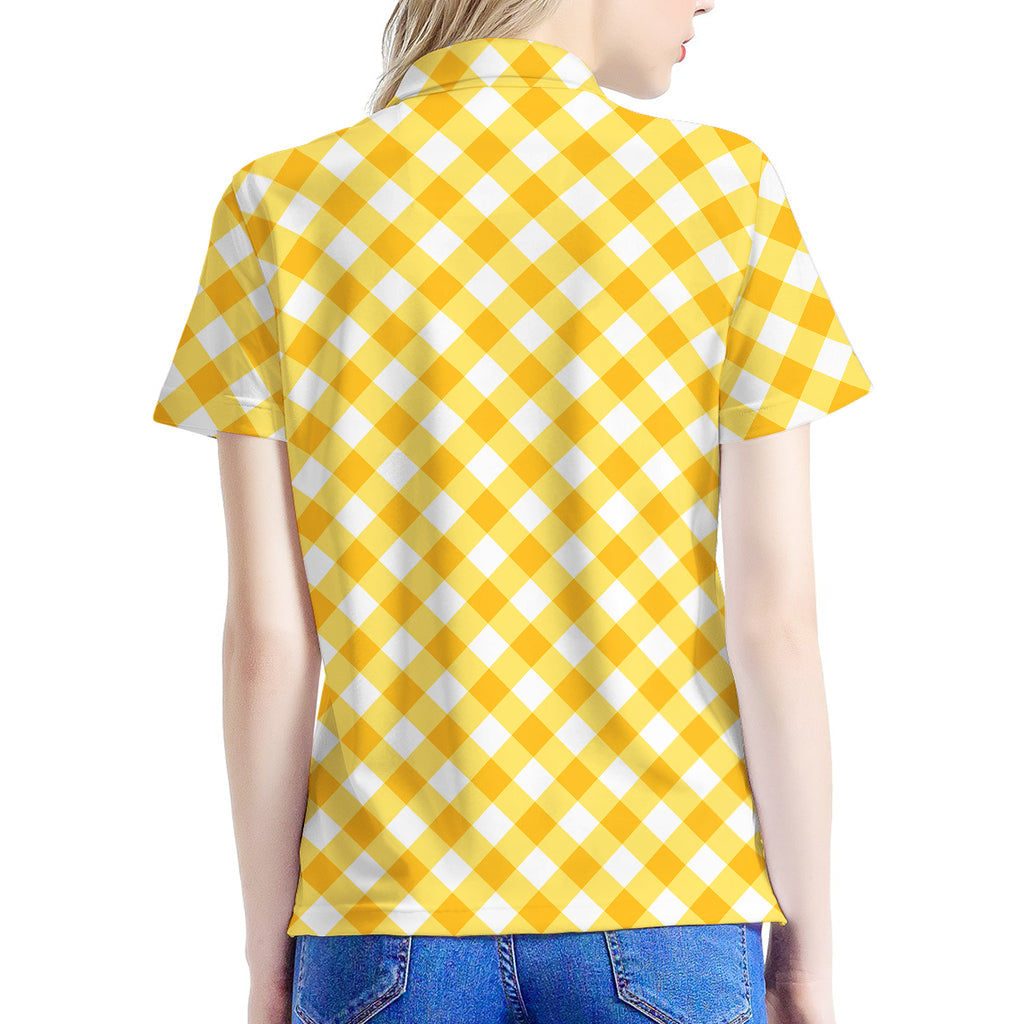 Honey Yellow And White Gingham Print Women's Polo Shirt
