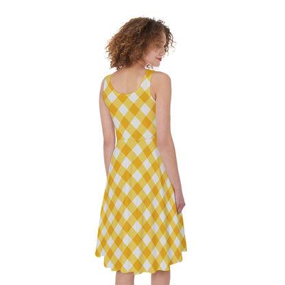 Honey Yellow And White Gingham Print Women's Sleeveless Dress