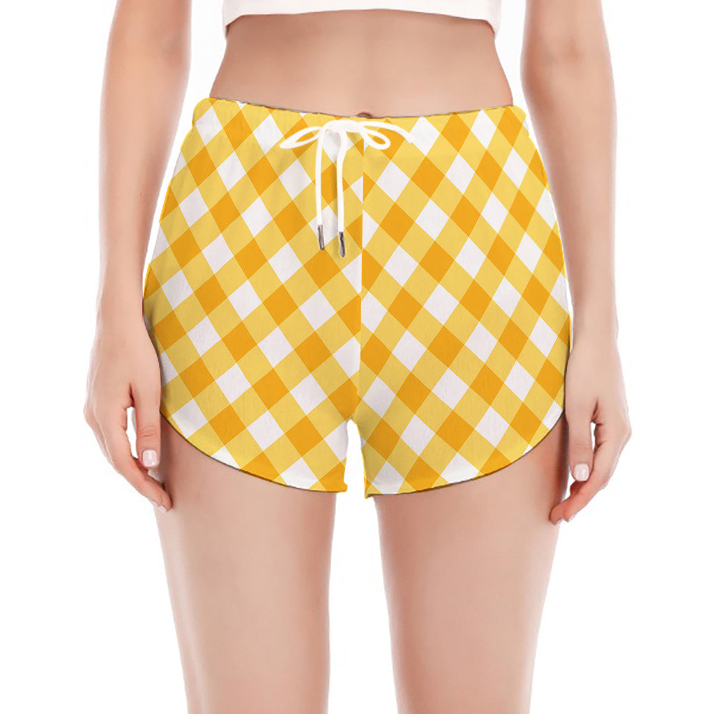 Honey Yellow And White Gingham Print Women's Split Running Shorts