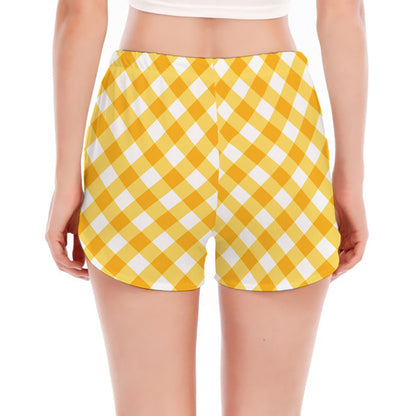 Honey Yellow And White Gingham Print Women's Split Running Shorts