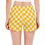 Honey Yellow And White Gingham Print Women's Split Running Shorts