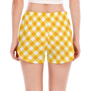 Honey Yellow And White Gingham Print Women's Split Running Shorts