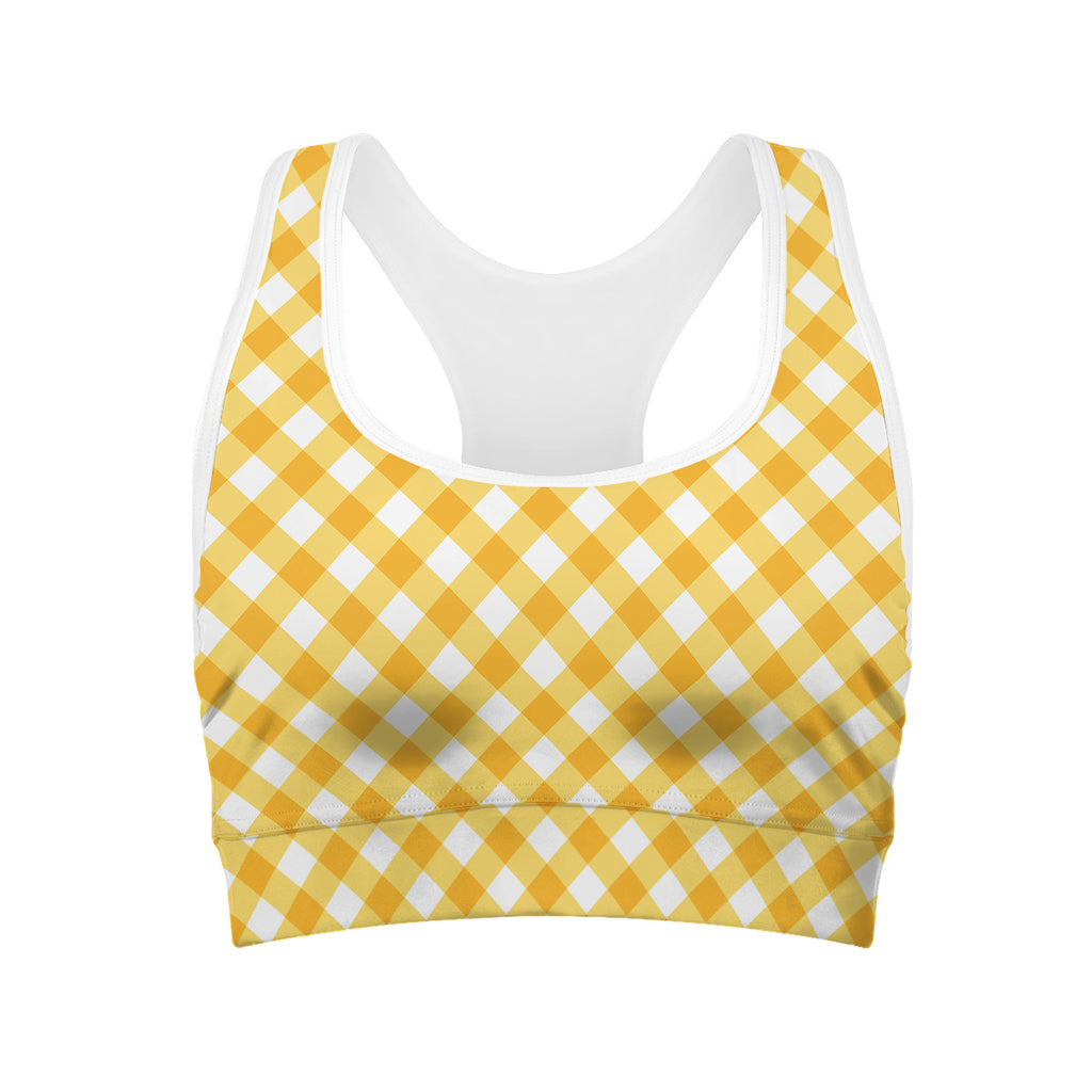 Honey Yellow And White Gingham Print Women's Sports Bra